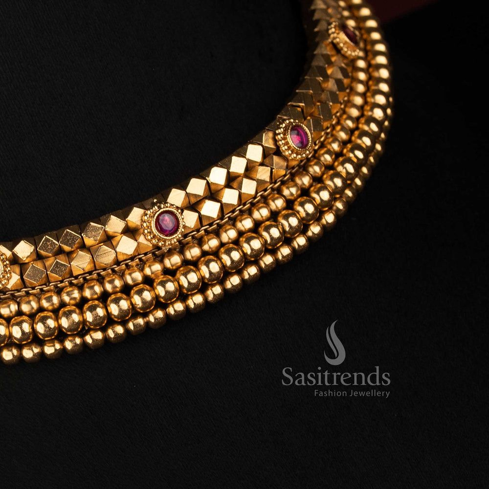 Close Up of Antique Gold Geometric Choker Craftsmanship with Stone Details - Sasitrends