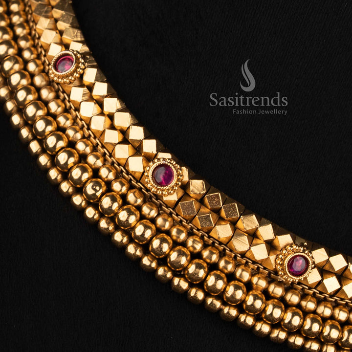 Antique Gold Plated Geometric Diamond Grid Choker Necklace Detail - Sasitrends