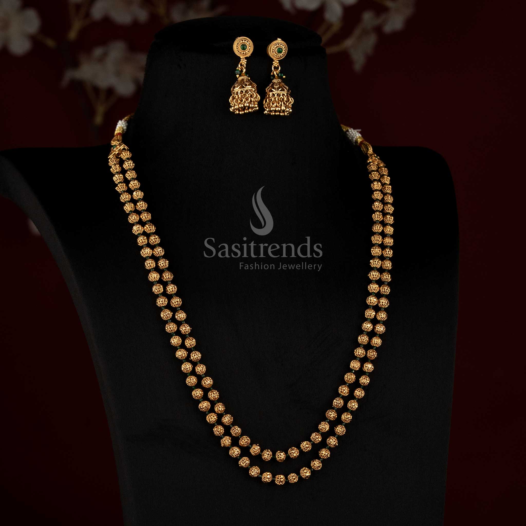 3031G traditional antique gold plated double strand beaded necklace set for festive occasions and temple wear