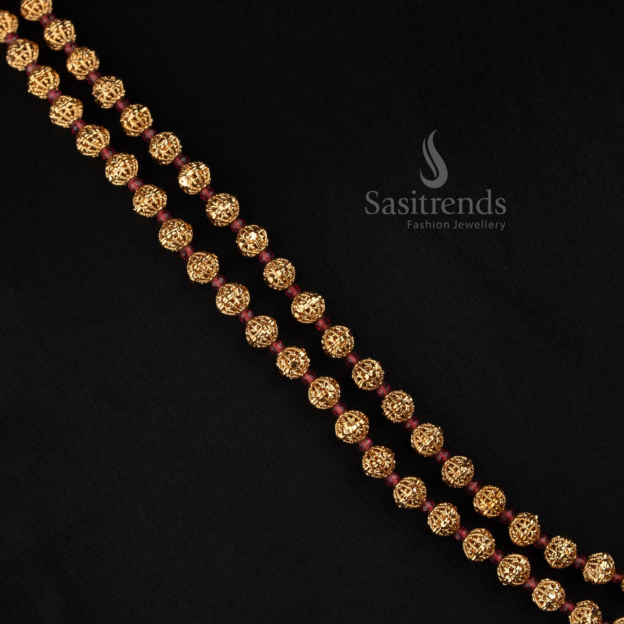 3031G traditional double strand beaded necklace set with antique gold plating for temple and festive wear