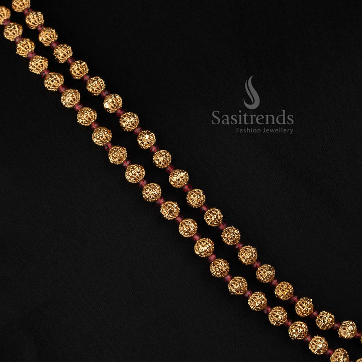 3031G traditional double strand beaded necklace set with antique gold plating for temple and festive wear