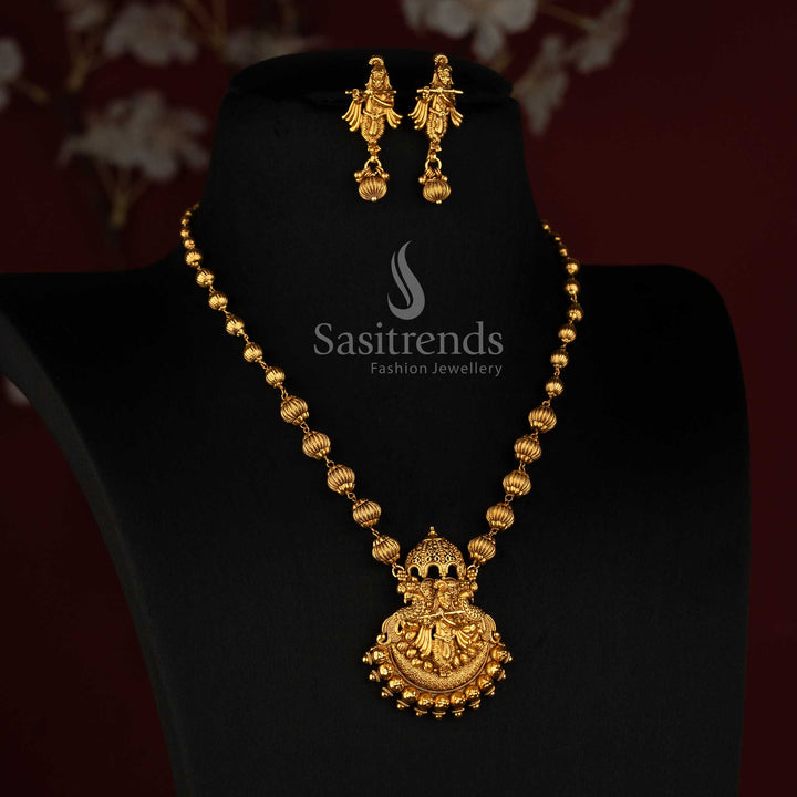 Antique Gold Plated Krishna Pendant Necklace with Matching Earrings - Sasitrends