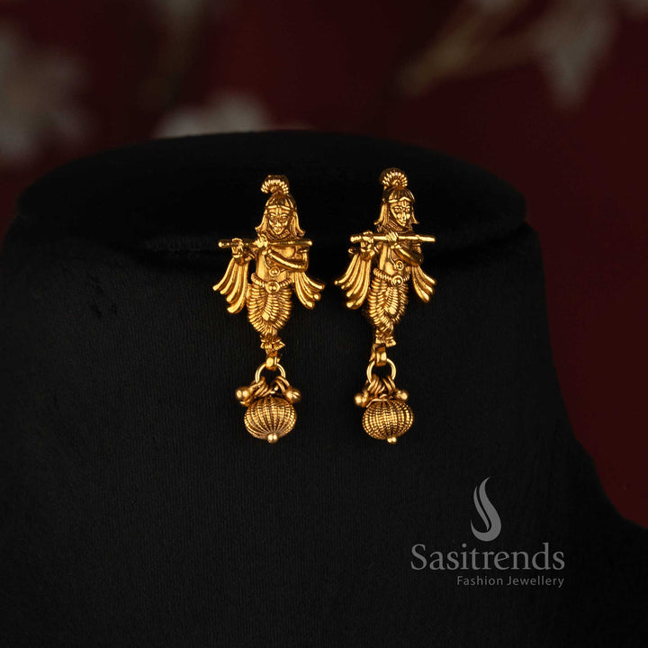 Premium Antique Gold Plated Lord Krishna Pendant Ball Chain Necklace Set with Earrings - Sasitrends