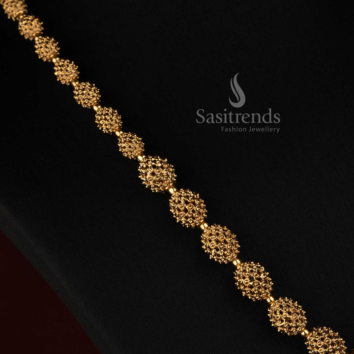 Traditional Antique Gold Plated Spherical Filigree Bead Long Mala Set with Matching Earrings - Sasitrends