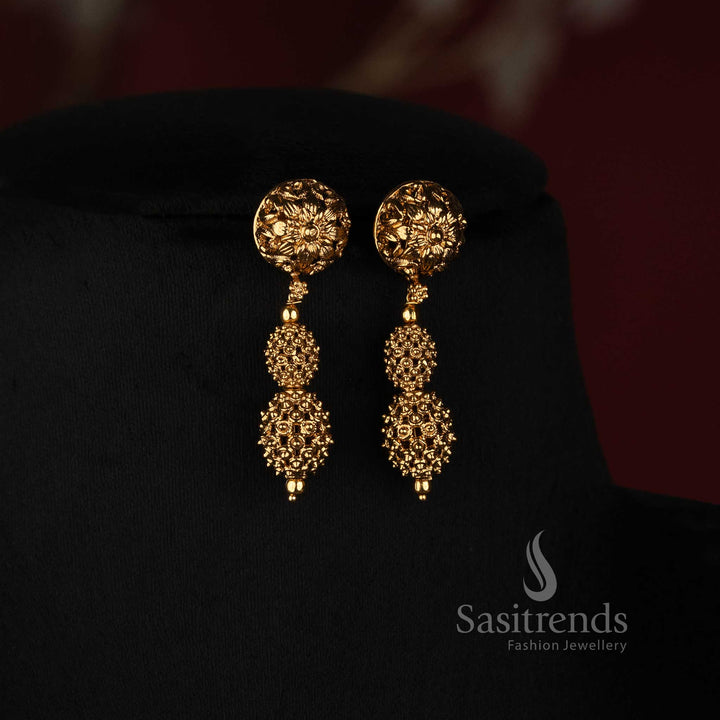 Traditional Antique Gold Plated Spherical Filigree Bead Long Mala Set with Matching Earrings - Sasitrends