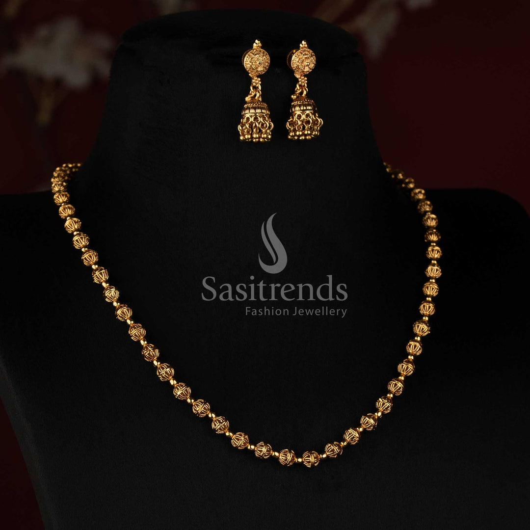 Antique Gold Plated Traditional Fluted Ball Long Haram Set with Matching Jhumkas - Sasitrends