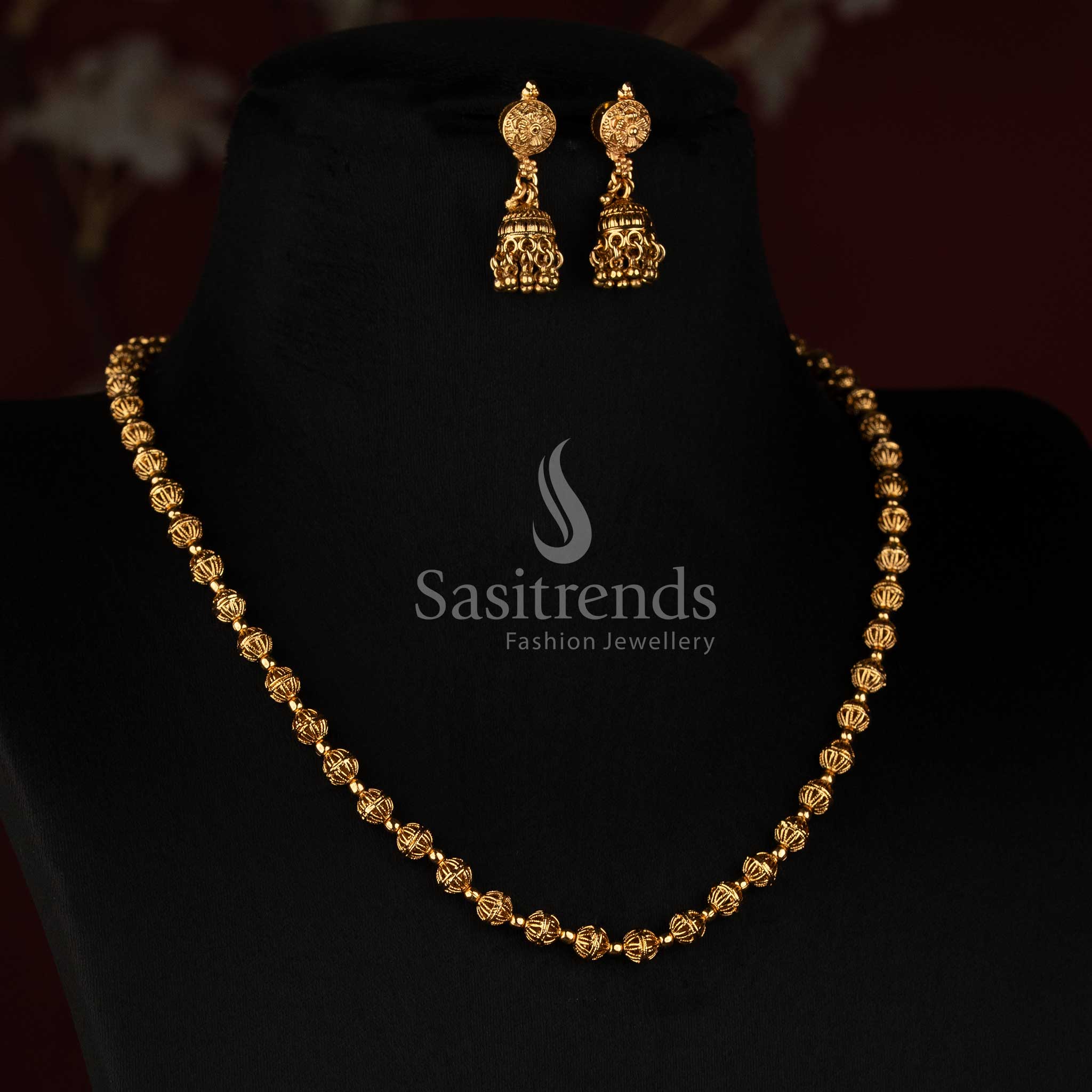 Antique Gold Plated Traditional Fluted Ball Long Haram Set with Matching Jhumkas - Sasitrends