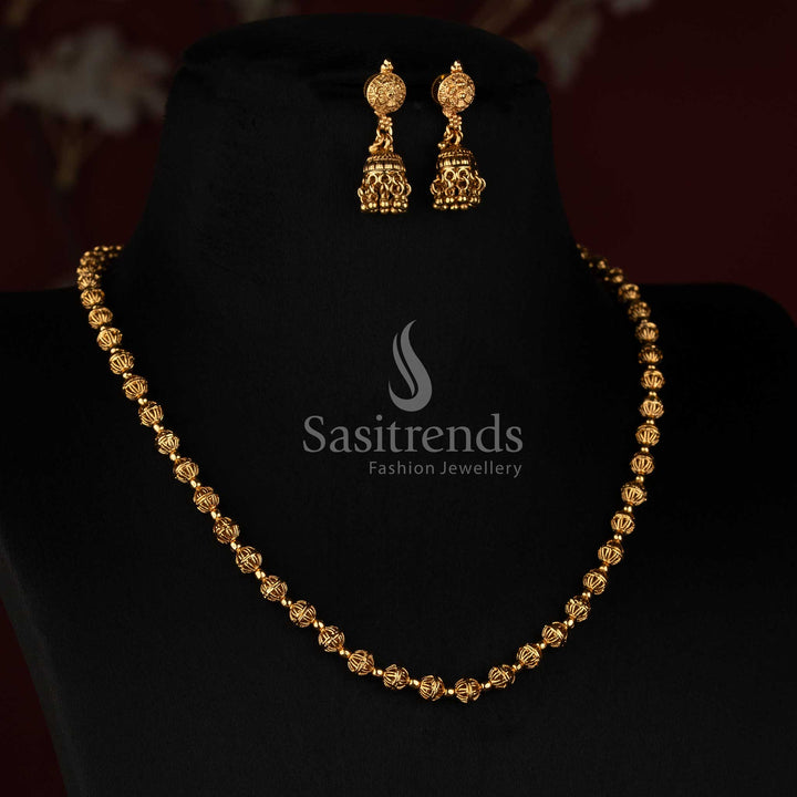 Antique Gold Plated Traditional Fluted Ball Long Haram Set with Matching Jhumkas - Sasitrends