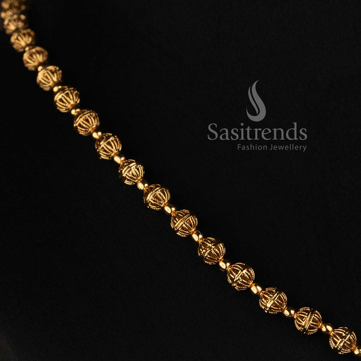 Antique Gold Plated Traditional Fluted Ball Long Haram Set with Matching Jhumkas - Sasitrends