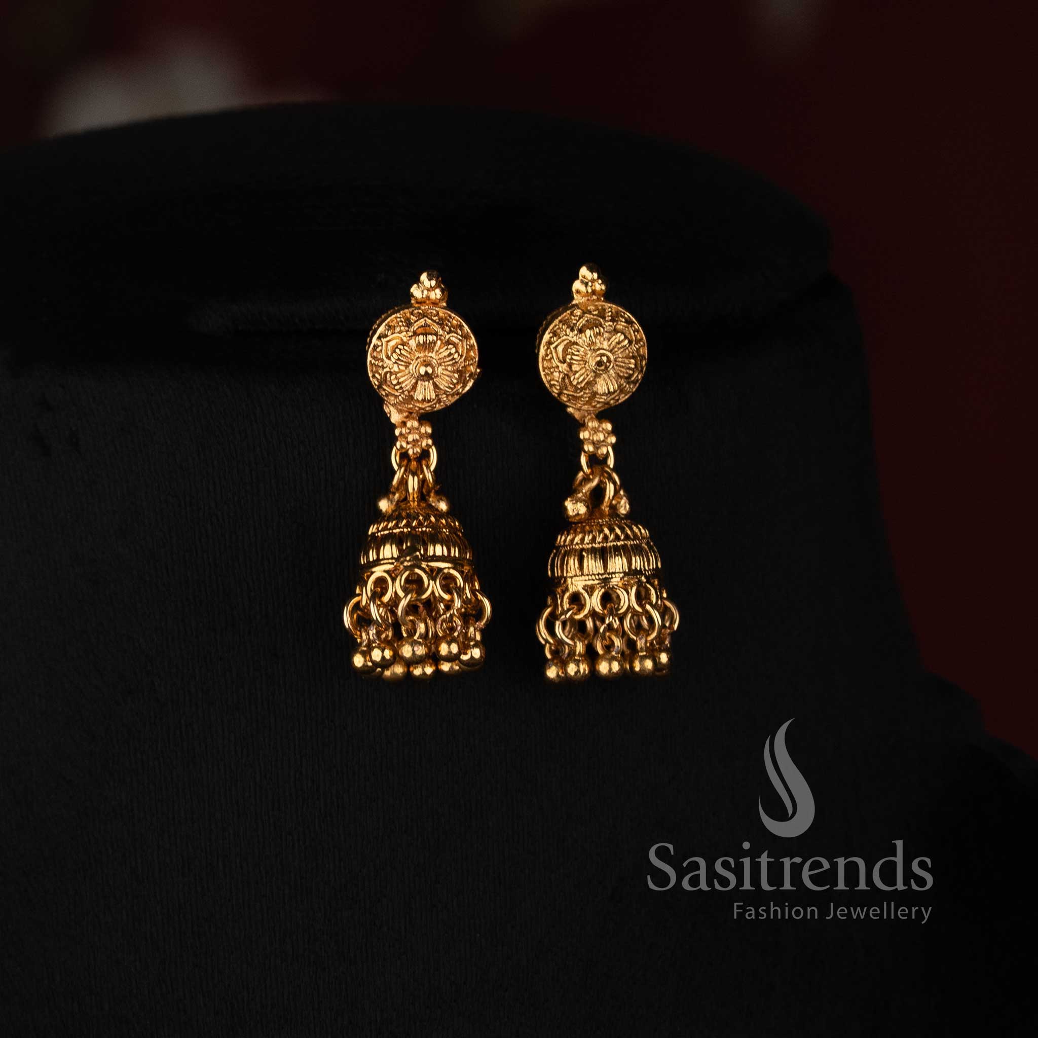 Traditional Antique Gold Plated Spherical Fluted Bead Long Mala Set with Jhumkas - Sasitrends