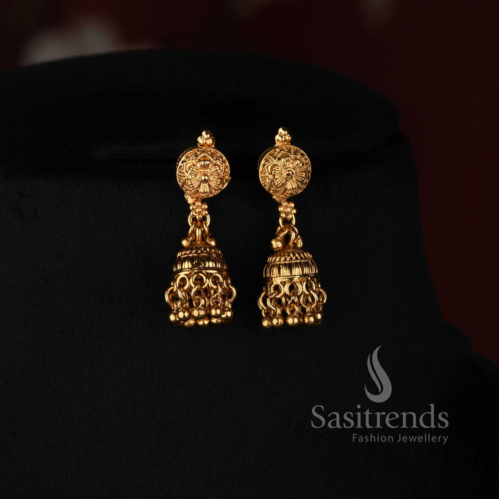 Traditional Antique Gold Plated Spherical Fluted Bead Long Mala Set with Jhumkas - Sasitrends