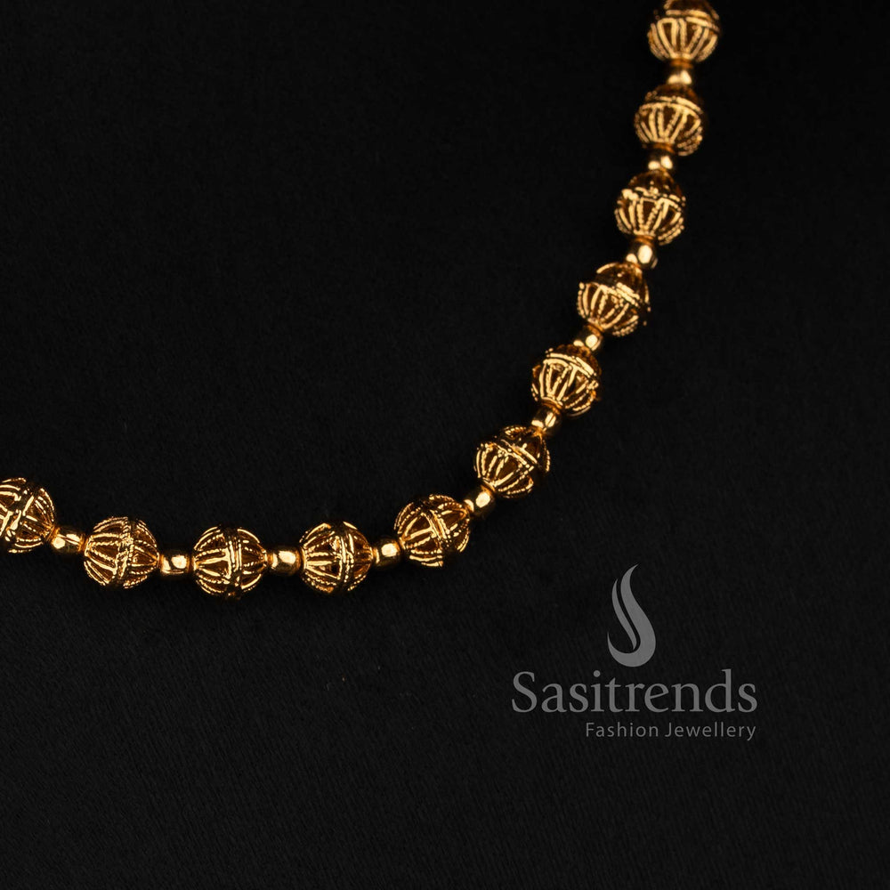 Antique Gold Plated Traditional Fluted Ball Long Haram Set with Matching Jhumkas - Sasitrends