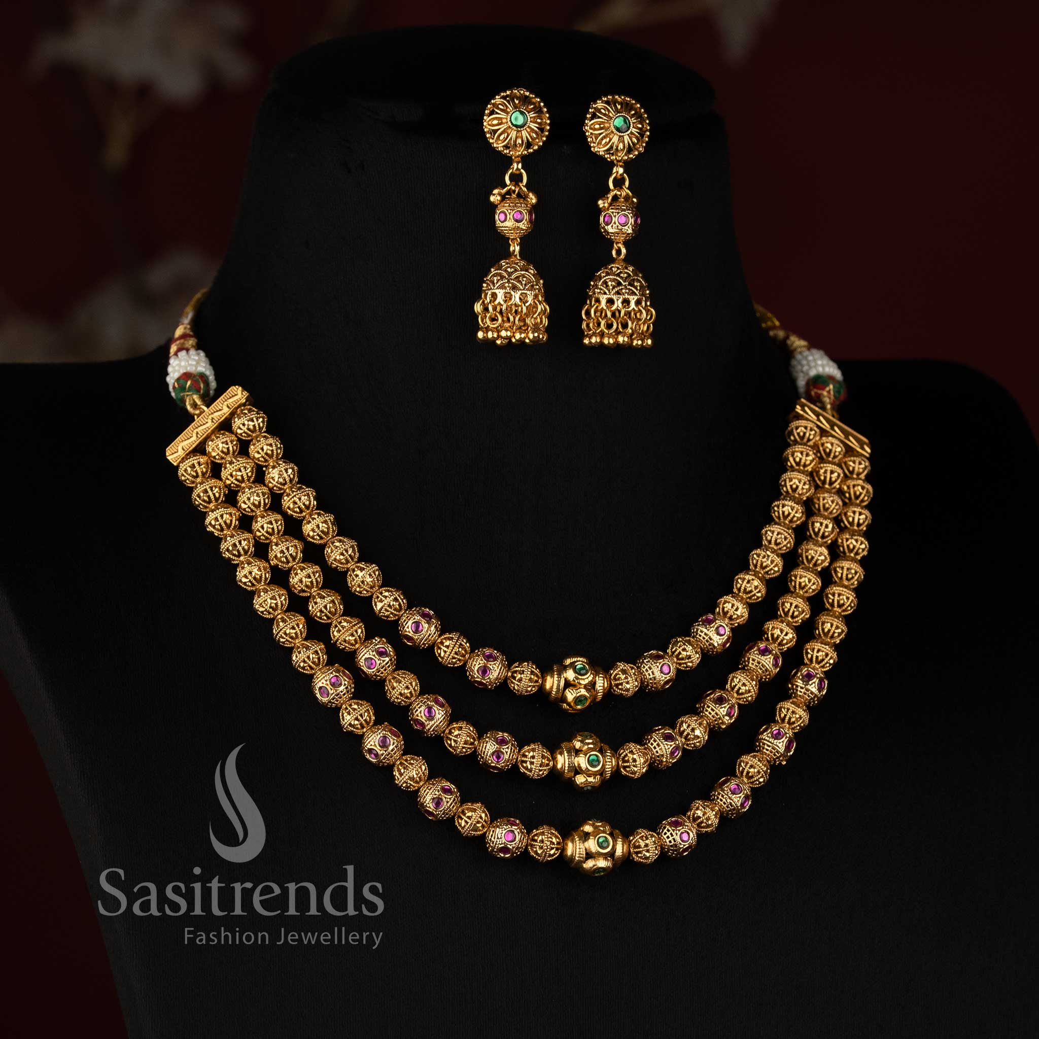 Antique Gold Plated Layered Filigree Bead Necklace Set with Matching Jhumkas - Sasitrends