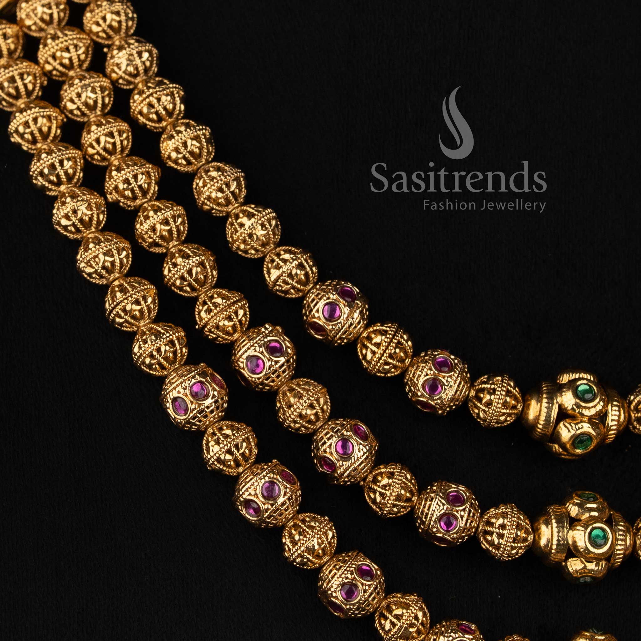 Antique Gold Plated Layered Filigree Bead Necklace Set with Matching Jhumkas - Sasitrends