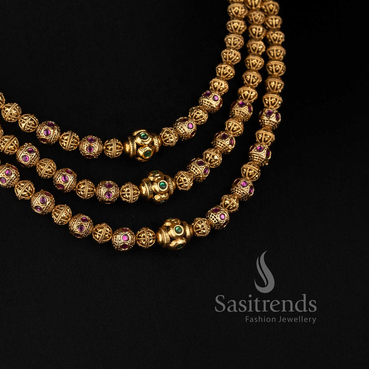 Antique Gold Plated Layered Filigree Bead Necklace Set with Matching Jhumkas - Sasitrends