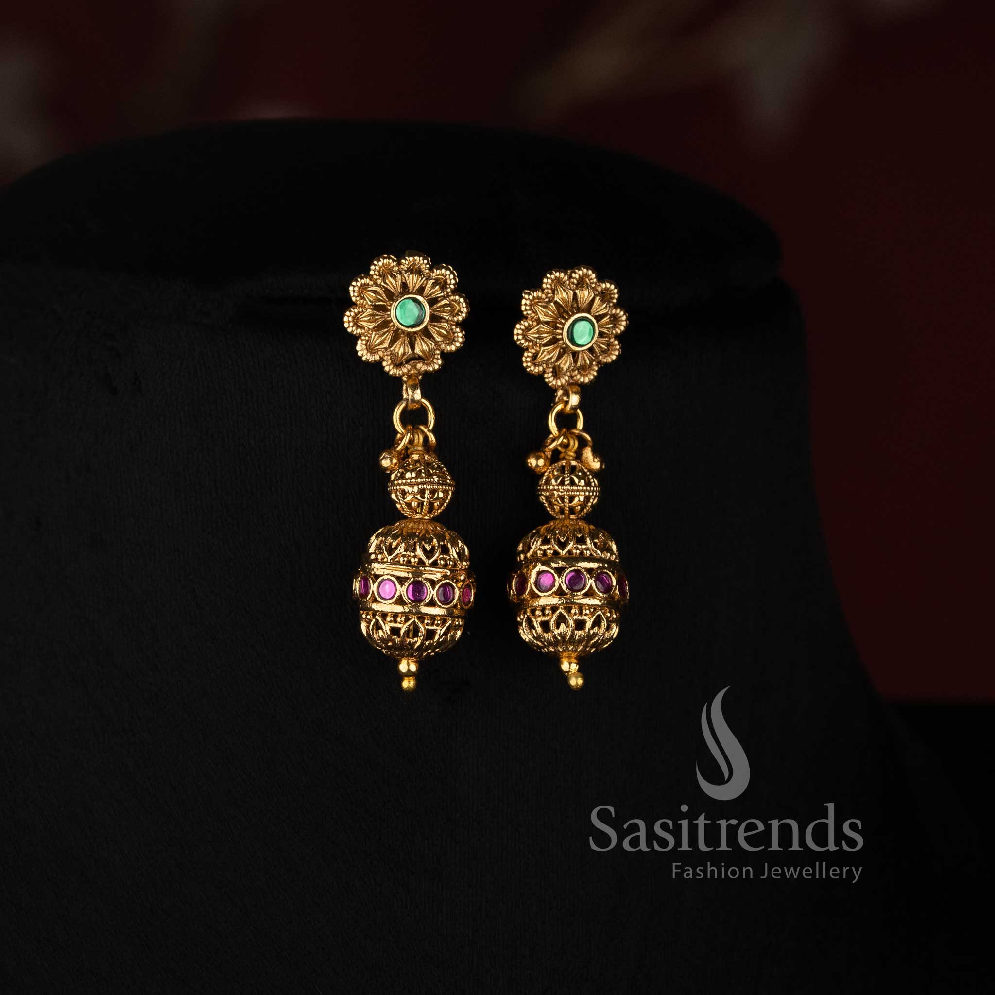 Traditional Antique Gold Plated Stone Studded Spherical Filigree Bead Long Mala - Sasitrends