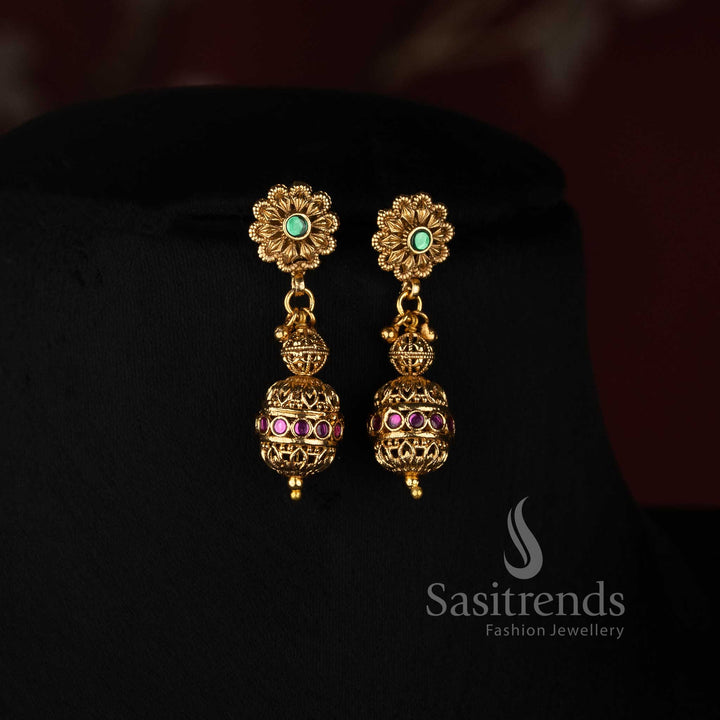 Traditional Antique Gold Plated Stone Studded Spherical Filigree Bead Long Mala - Sasitrends