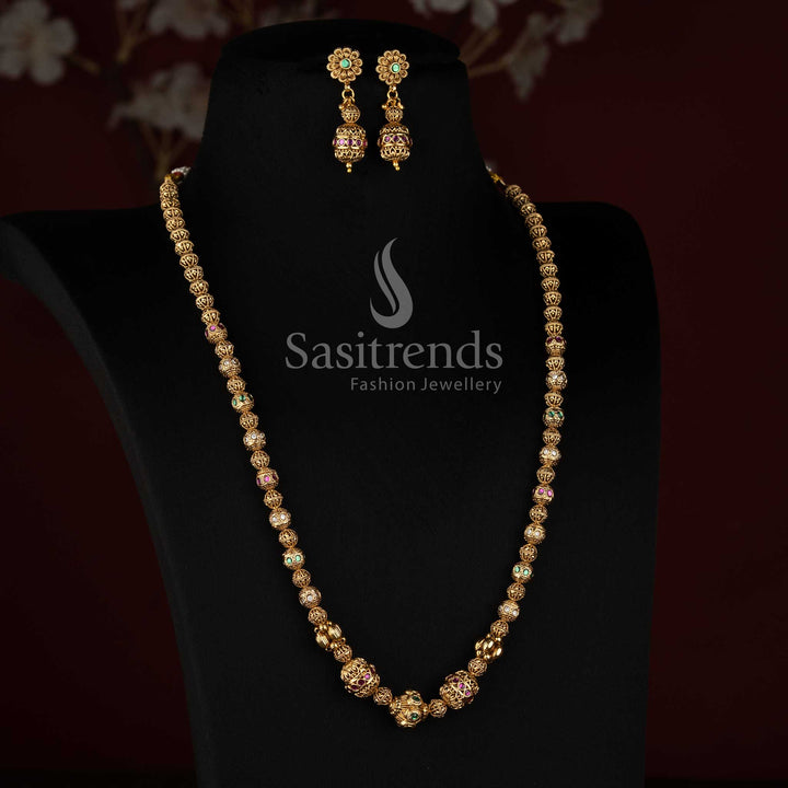 Traditional Antique Gold Plated Stone Studded Spherical Filigree Bead Long Mala - Sasitrends
