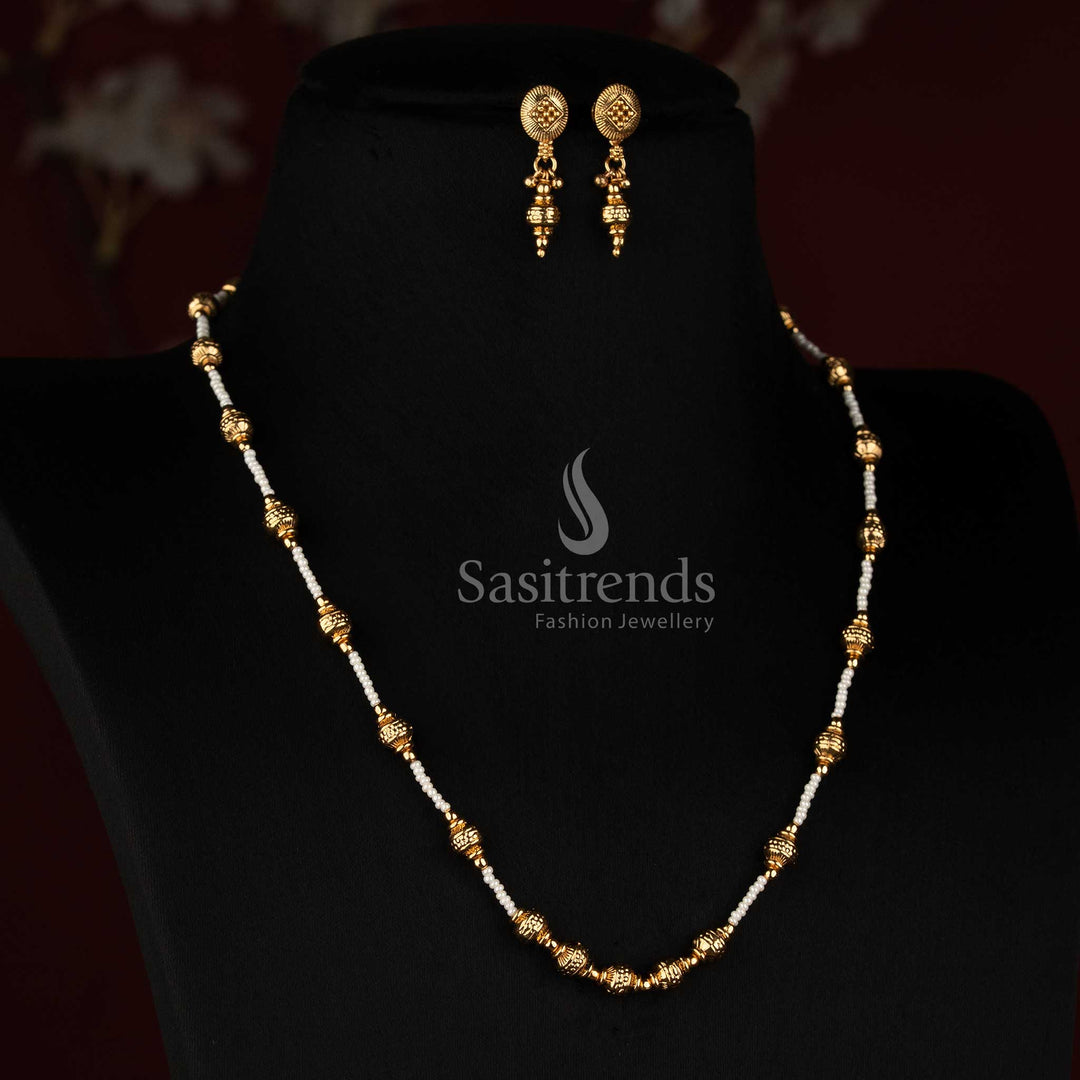 Antique Gold Plated Fine Pearl Chain Necklace Set with Filigree Beads and Drop Earrings - Sasitrends