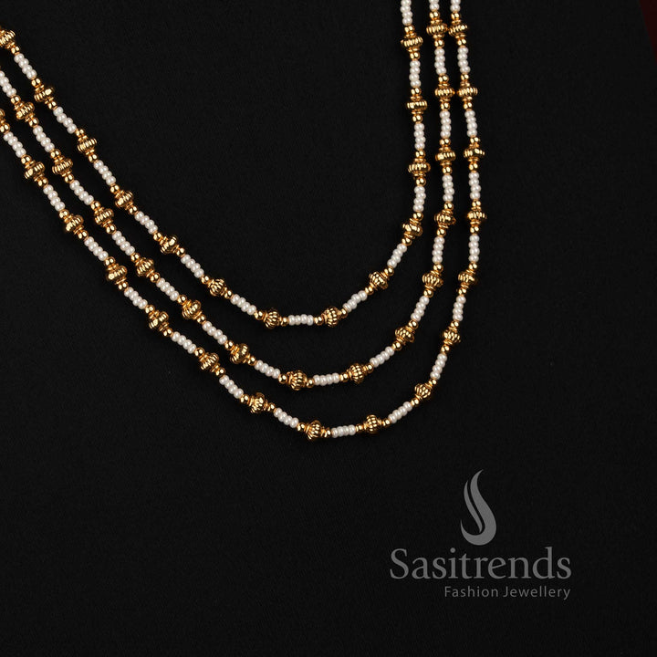 Detailed Three Strand Fine Pearl Necklace with Carved Filigree Spacer Beads - Sasitrends