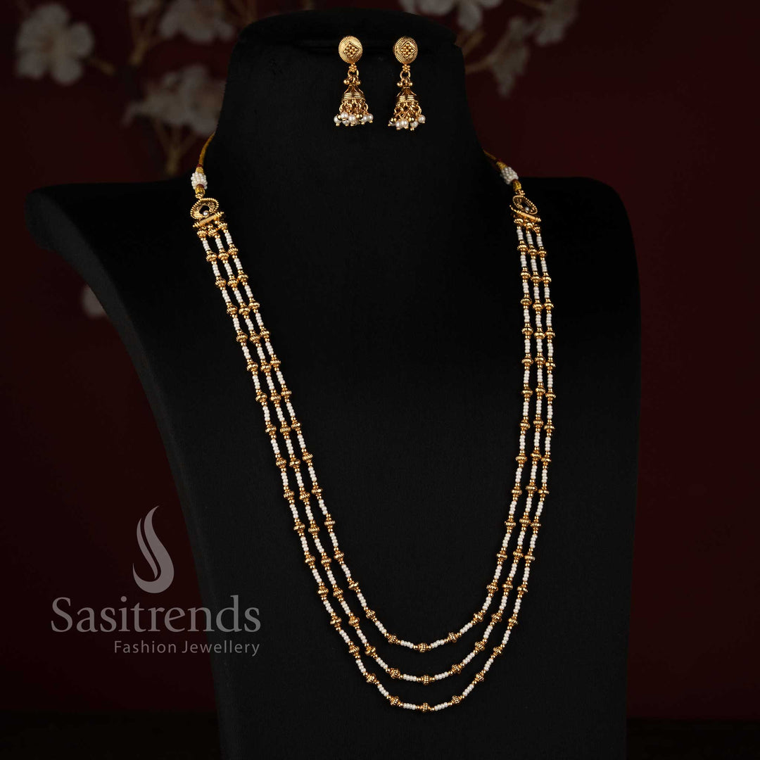 Traditional Antique Gold Plated Multi Strand Fine Pearl Long Mala with Filigree Spacers - Sasitrends