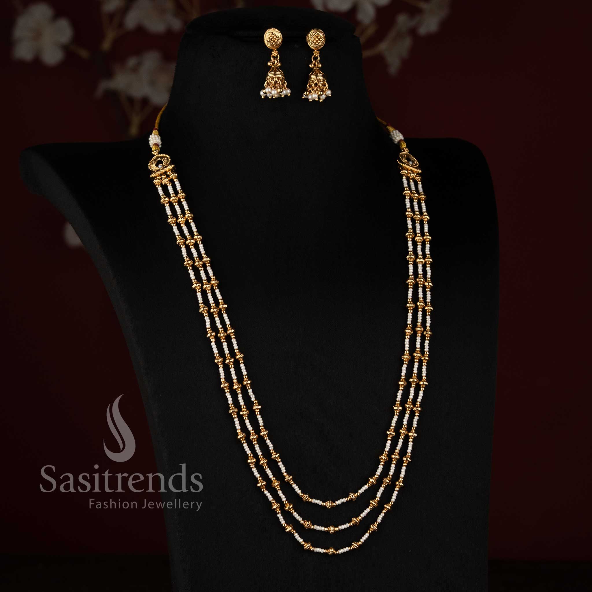 Traditional Antique Gold Plated Multi Strand Fine Pearl Long Mala with Filigree Spacers - Sasitrends
