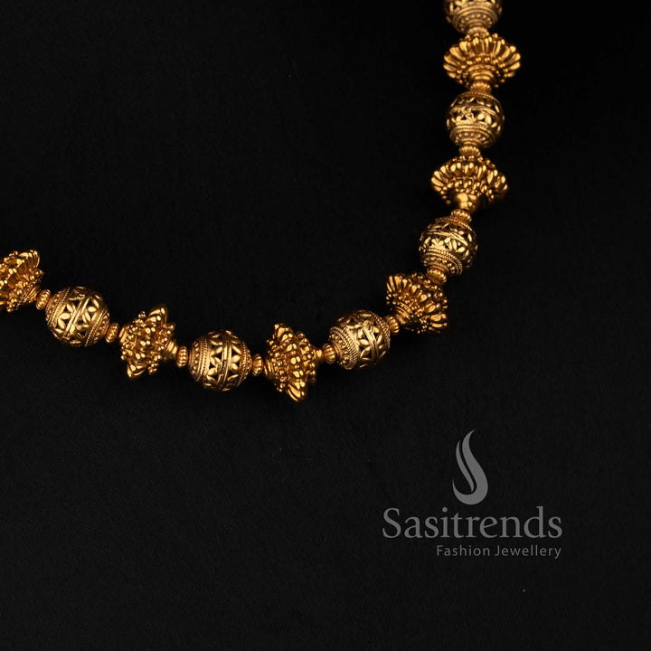 Antique Gold Plated Bead Necklace Set with Matching Floral Stud Earrings - Sasitrends
