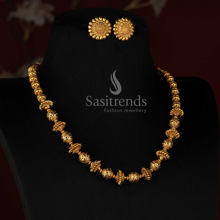 Antique Gold Plated Bead Necklace Set with Matching Floral Stud Earrings - Sasitrends