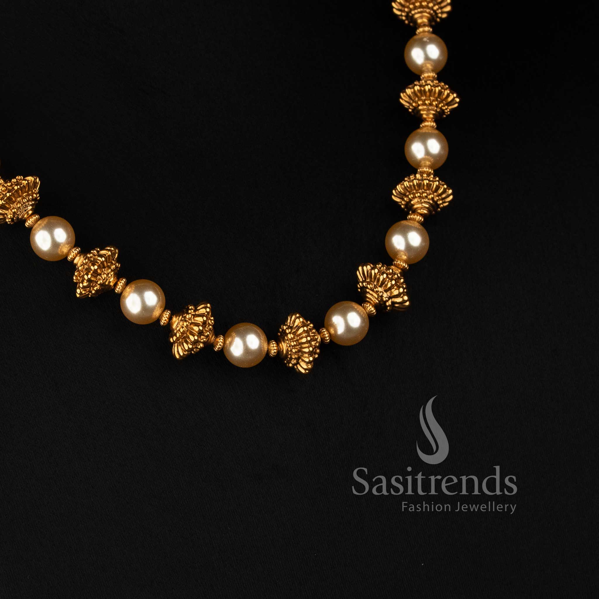 Antique Gold Plated Pearl Bead Necklace Set with Matching Floral Studs - Sasitrends