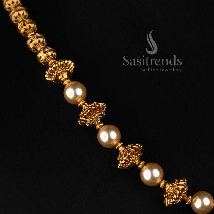 Antique Gold Plated Pearl Bead Necklace Set with Matching Floral Studs - Sasitrends