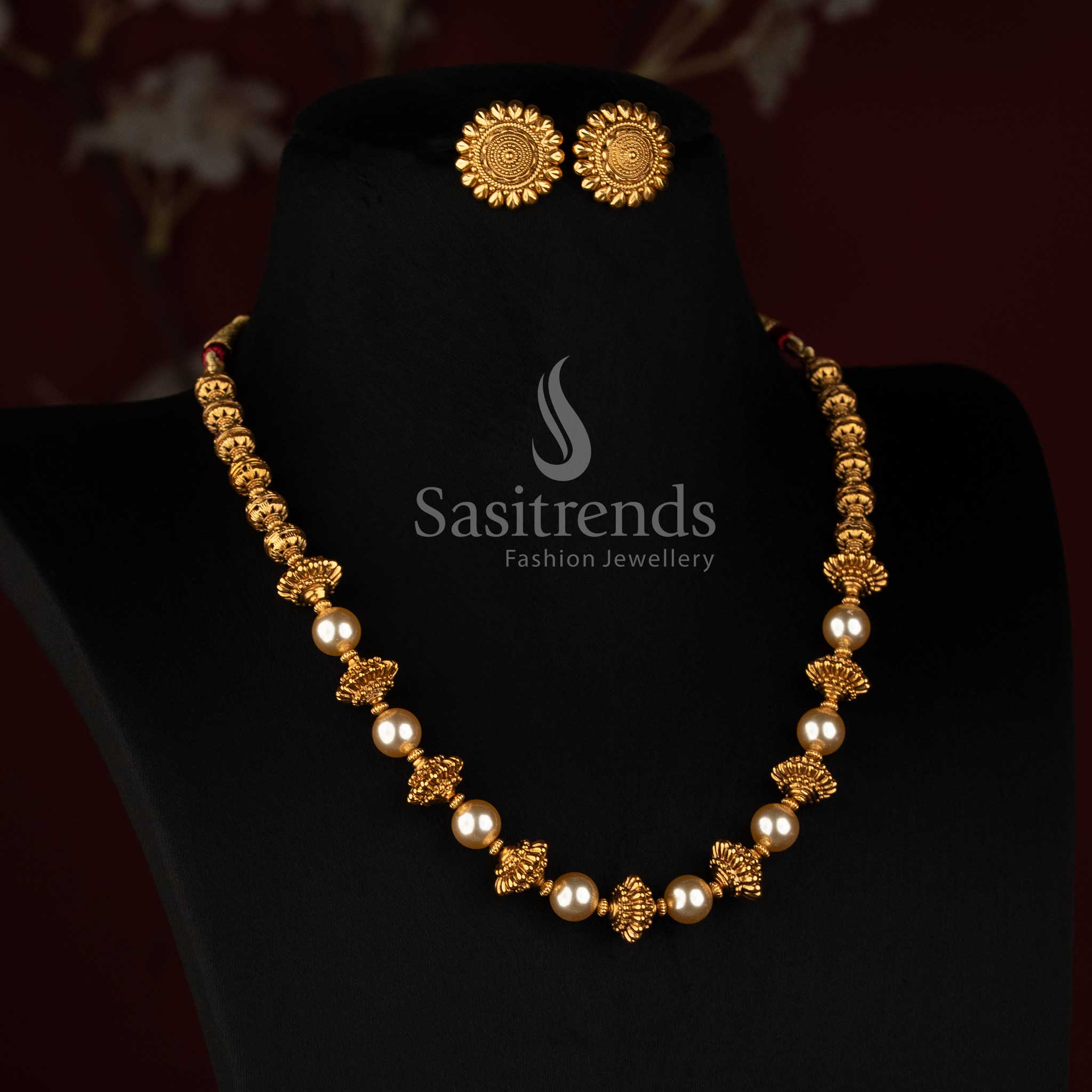 Antique Gold Plated Pearl Bead Necklace Set with Matching Floral Studs - Sasitrends