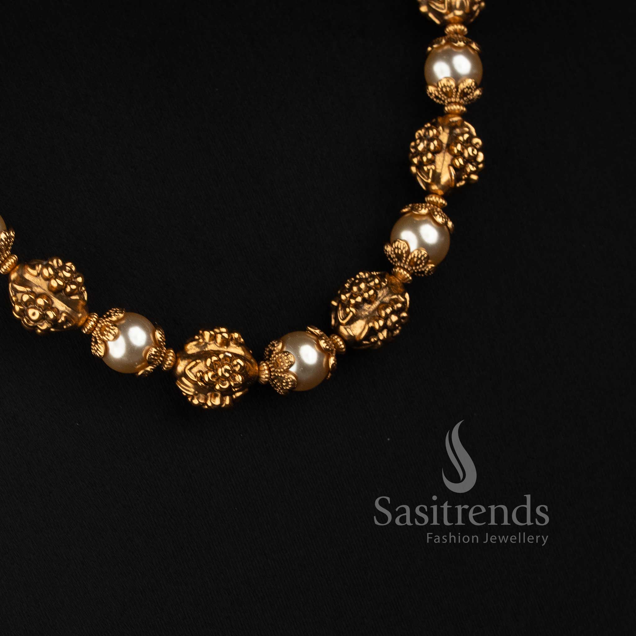 Antique Gold Plated Pearl Filigree Necklace Set with Matching Floral Studs - Sasitrends