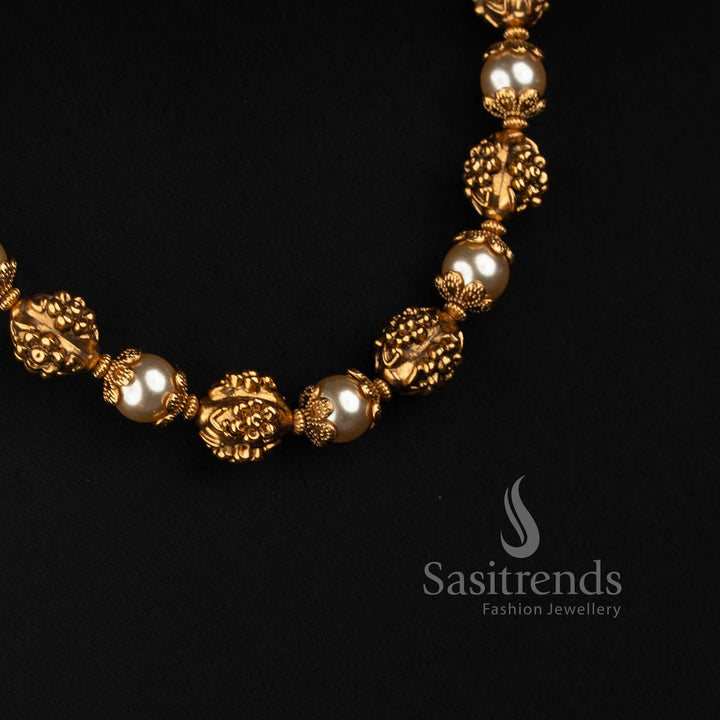 Antique Gold Plated Pearl Filigree Necklace Set with Matching Floral Studs - Sasitrends