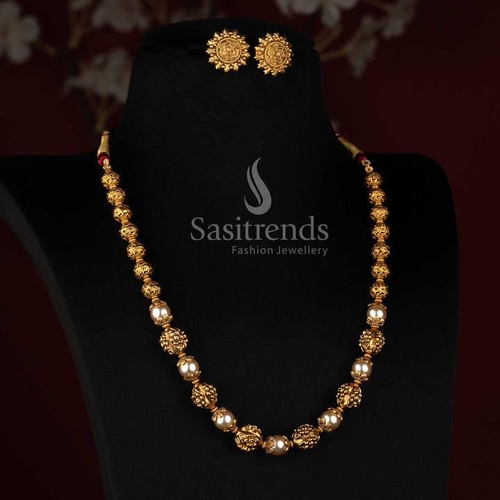 Antique Gold Plated Pearl Filigree Necklace Set with Matching Floral Studs - Sasitrends