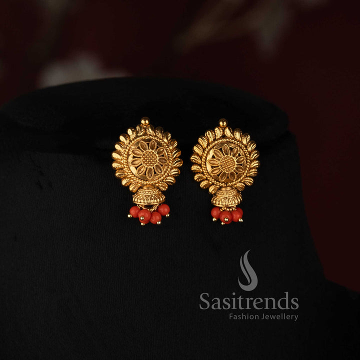 Antique Gold Plated coral and Bead Cluster Necklace Set with Floral Ear Studs - Sasitrends