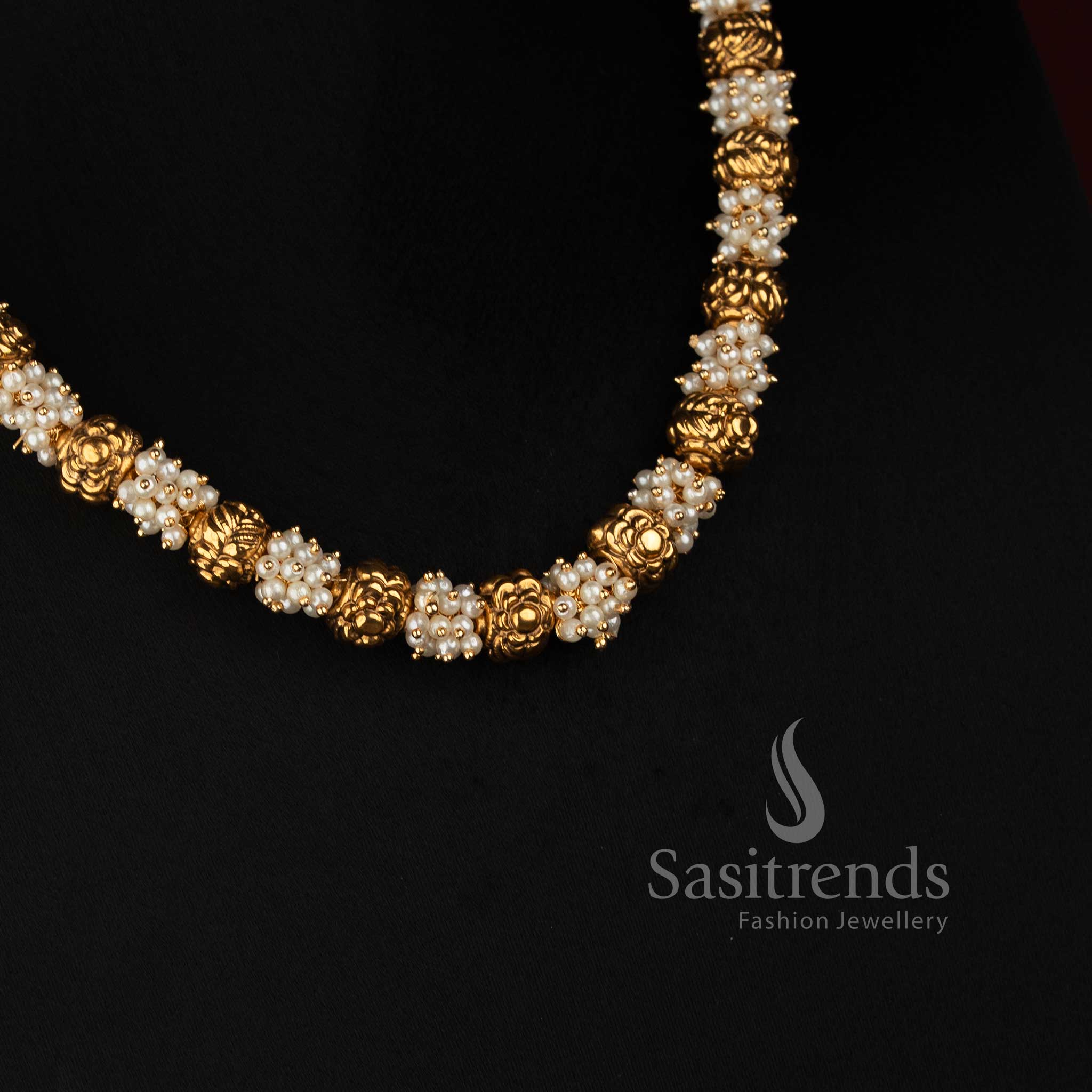 Antique Gold Plated Pearl and Bead Cluster Necklace Set with Floral Ear Studs - Sasitrends