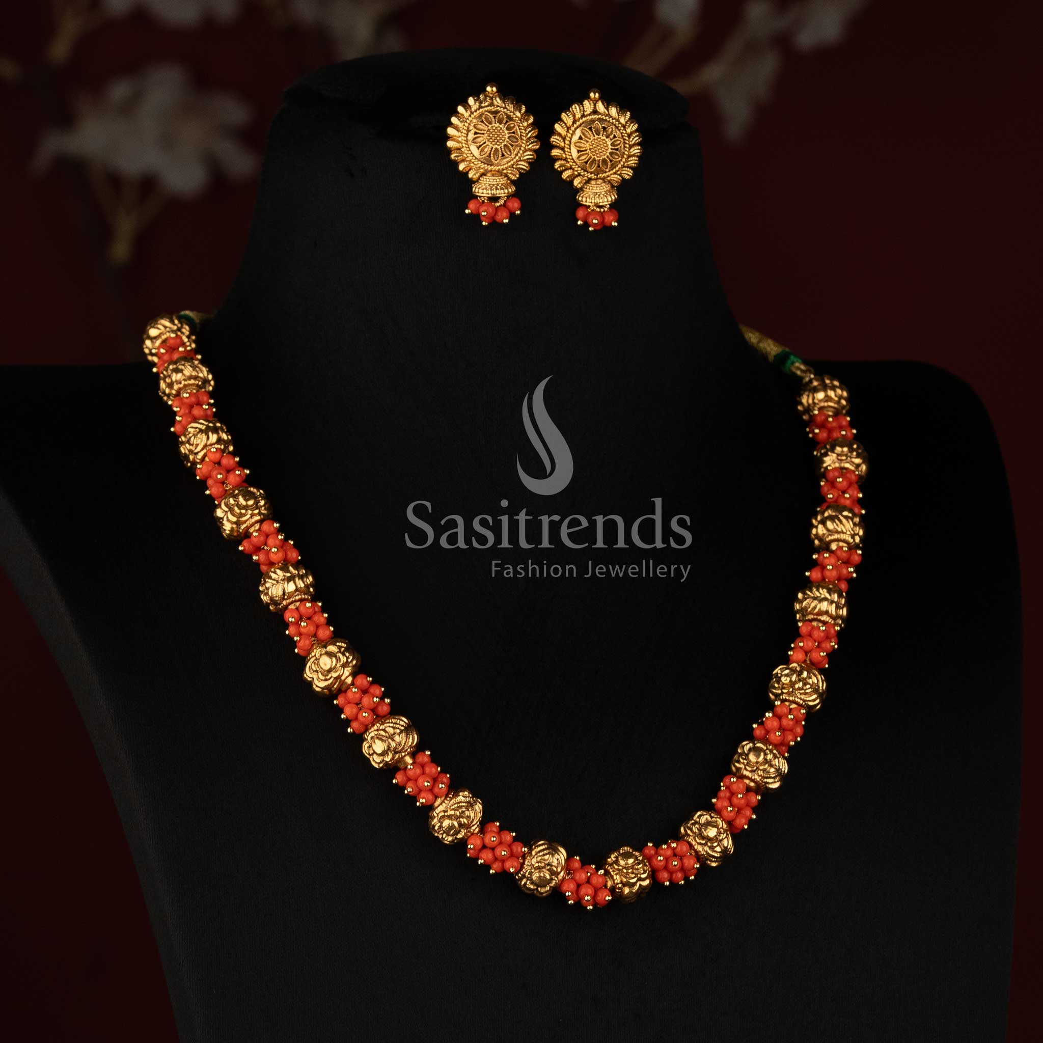 Antique Gold Plated Traditional Bead Necklace Set with Matching Floral Studs - Sasitrends
