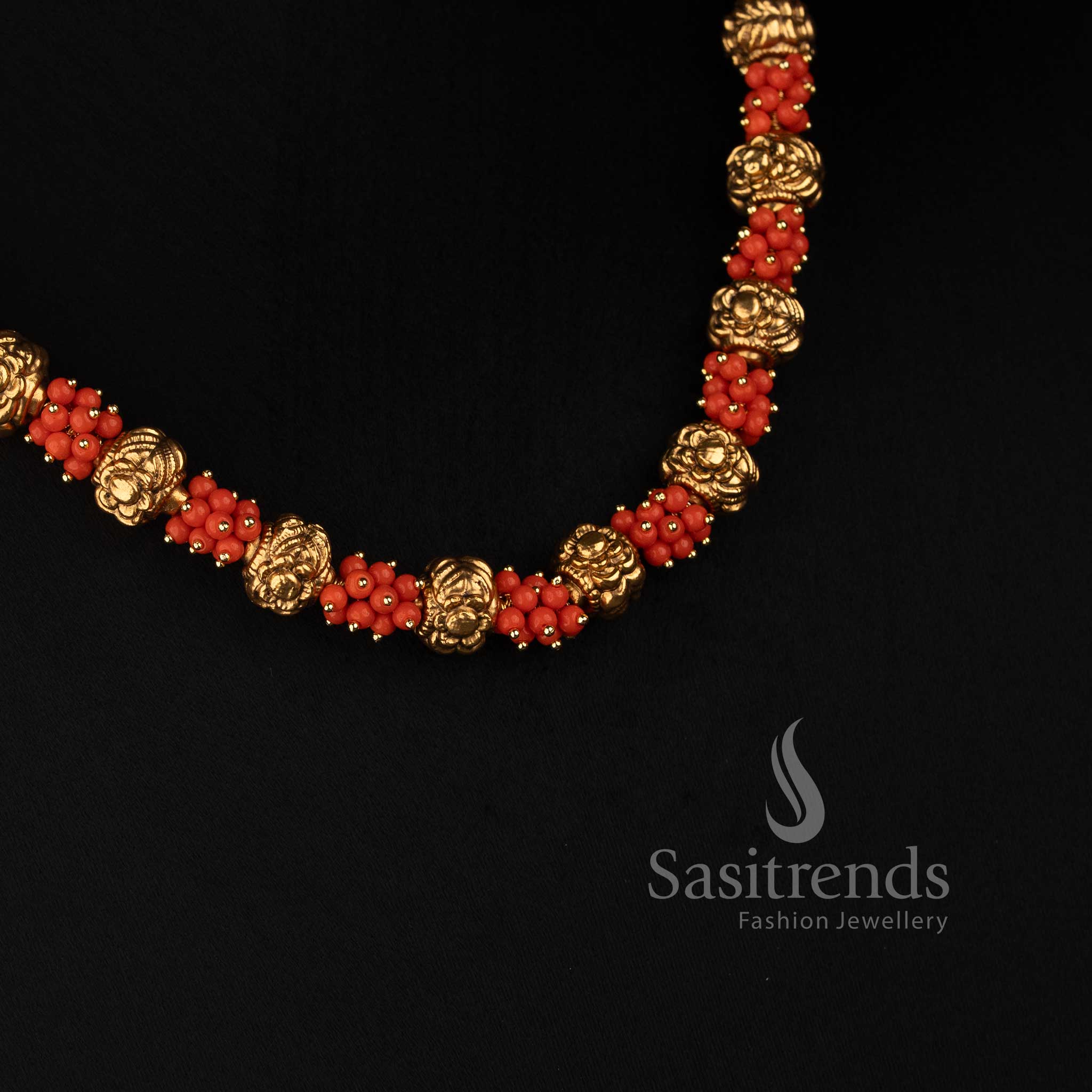 Antique Gold Plated Traditional Bead Necklace Set with Matching Floral Studs - Sasitrends