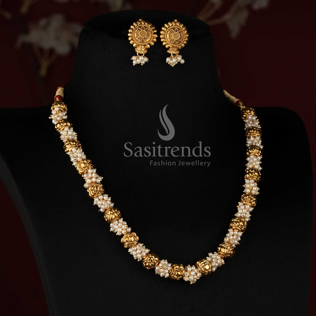 Traditional Antique Gold Plated Mala with Sculpted Floral Metal Beads and Cluster Details - Sasitrends
