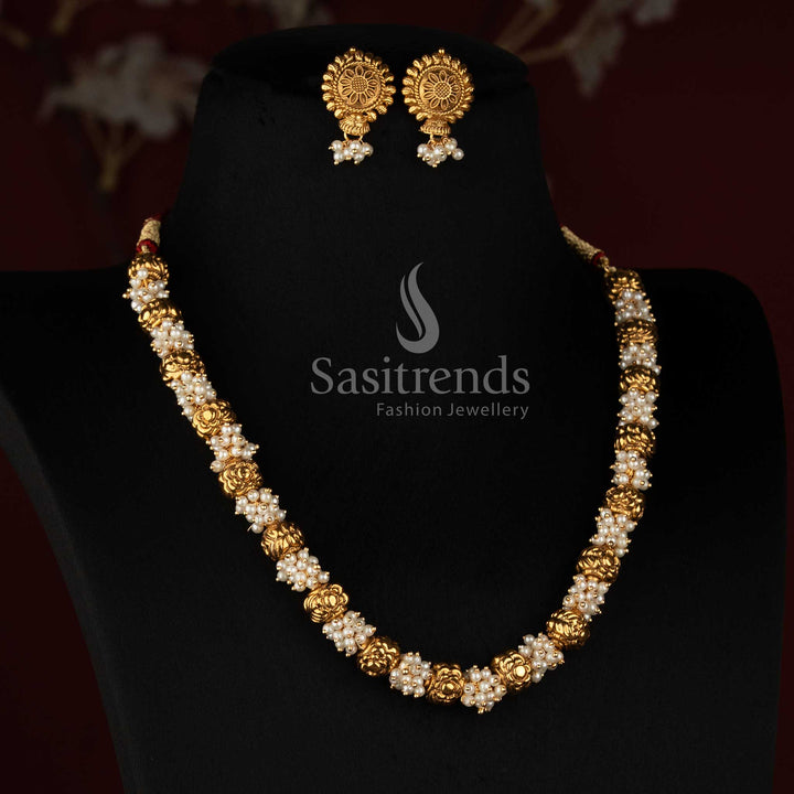 Traditional Antique Gold Plated Mala with Sculpted Floral Metal Beads and Cluster Details - Sasitrends