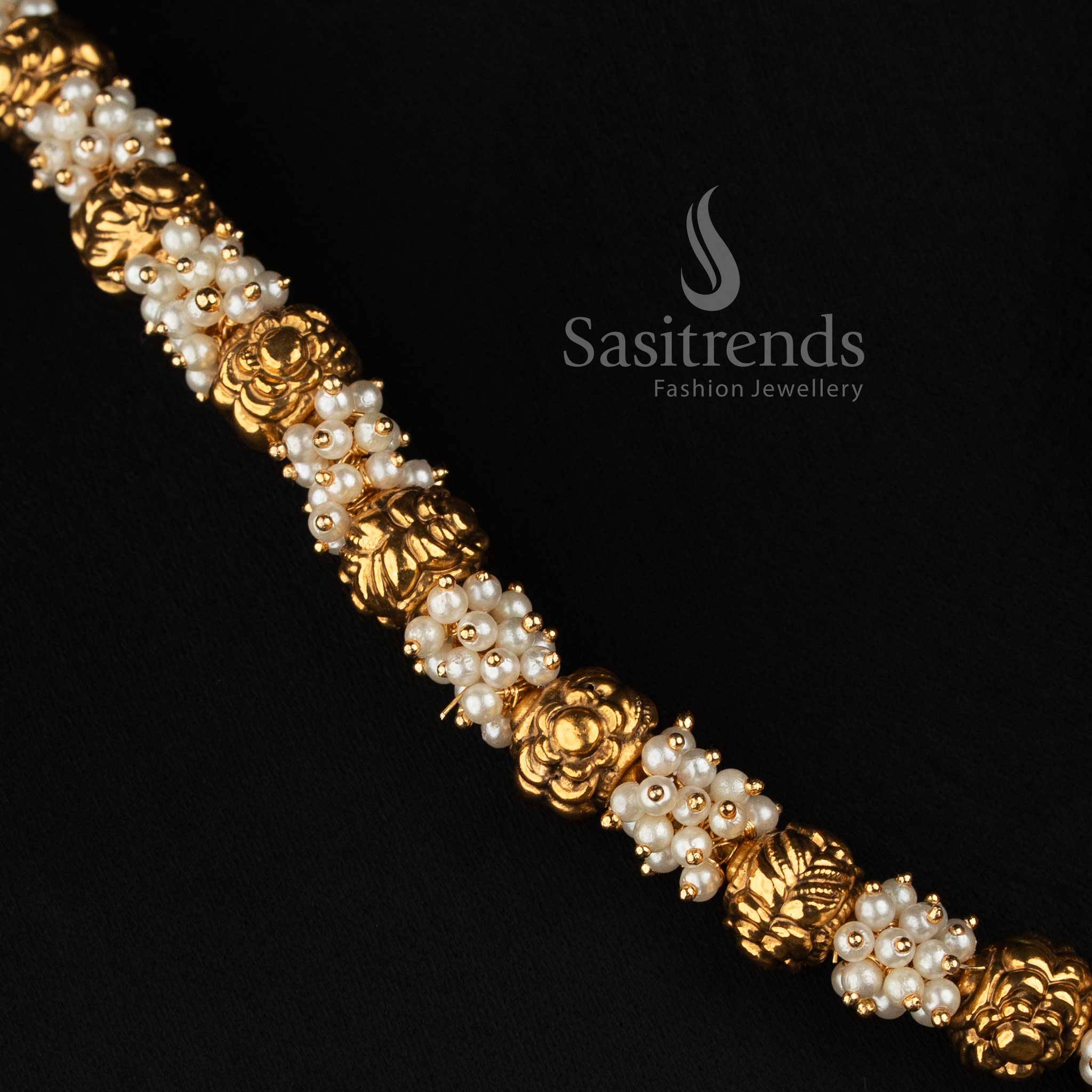 Antique Gold Plated Traditional Bead Necklace Set with Matching Floral Studs - Sasitrends