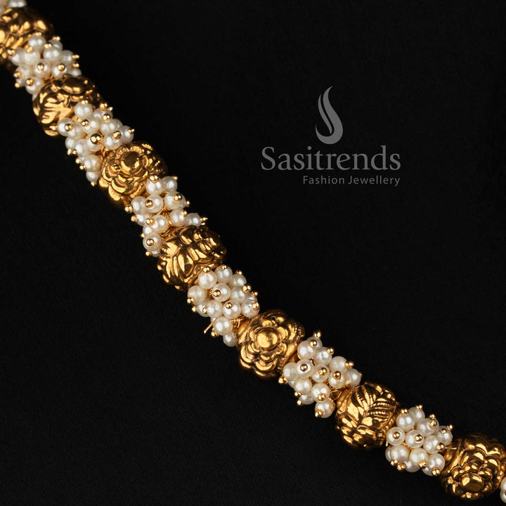 Antique Gold Plated Traditional Bead Necklace Set with Matching Floral Studs - Sasitrends