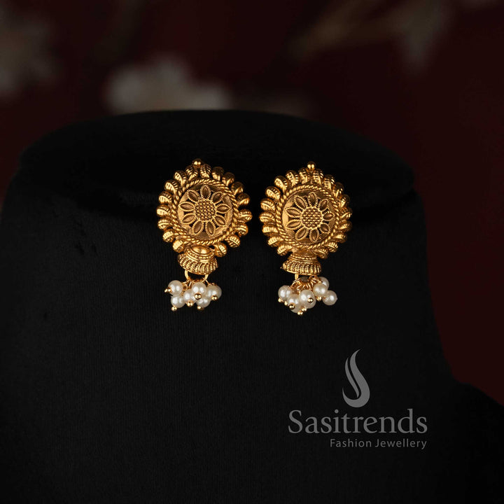 Traditional Antique Gold Plated Mala with Sculpted Floral Metal Beads and Cluster Details - Sasitrends