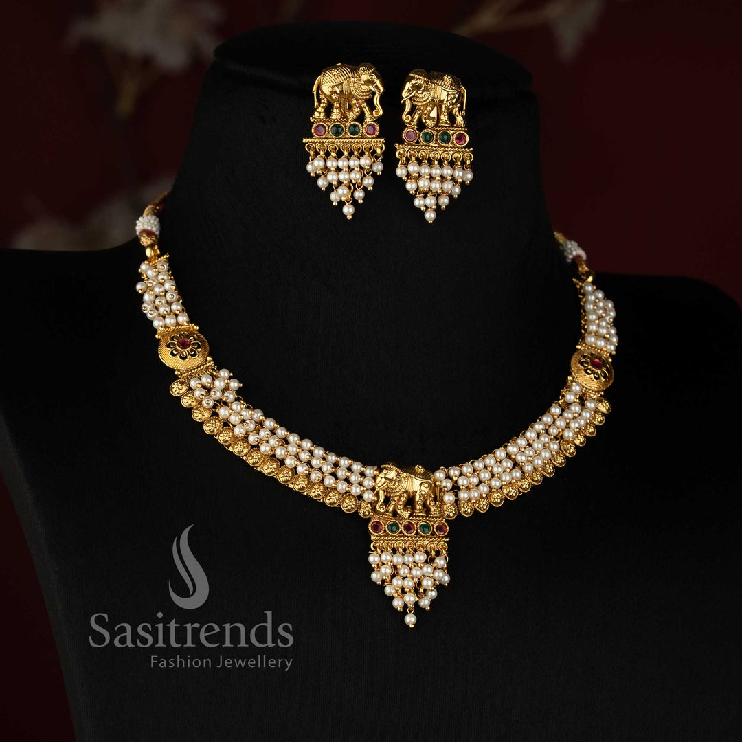 Antique Gold Plated Pearl Necklace Set with Matching Elephant Drop Earrings - Sasitrends