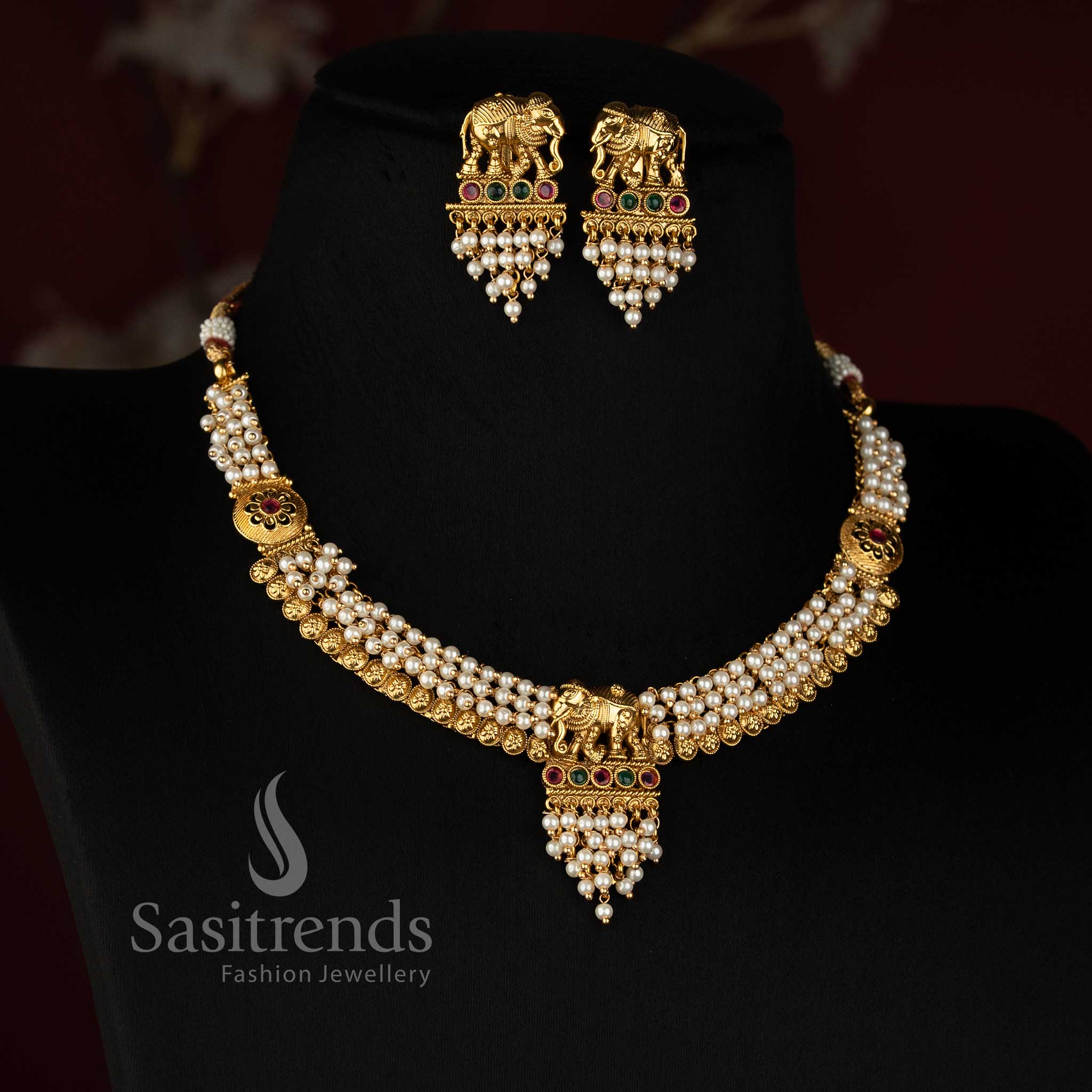 Antique Gold Plated Pearl Necklace Set with Matching Elephant Drop Earrings - Sasitrends