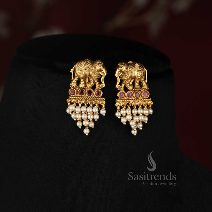 Traditional Antique Gold Plated Woven Pearl Strand Choker with Elephant Pendant - Sasitrends