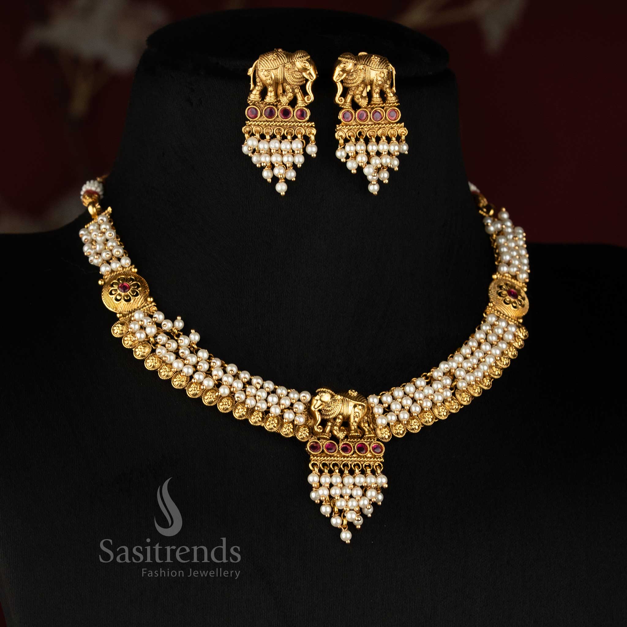 Antique Gold Plated Pearl Necklace Set with Matching Elephant Drop Earrings - Sasitrends