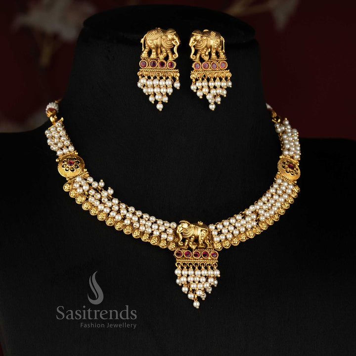 Antique Gold Plated Pearl Necklace Set with Matching Elephant Drop Earrings - Sasitrends