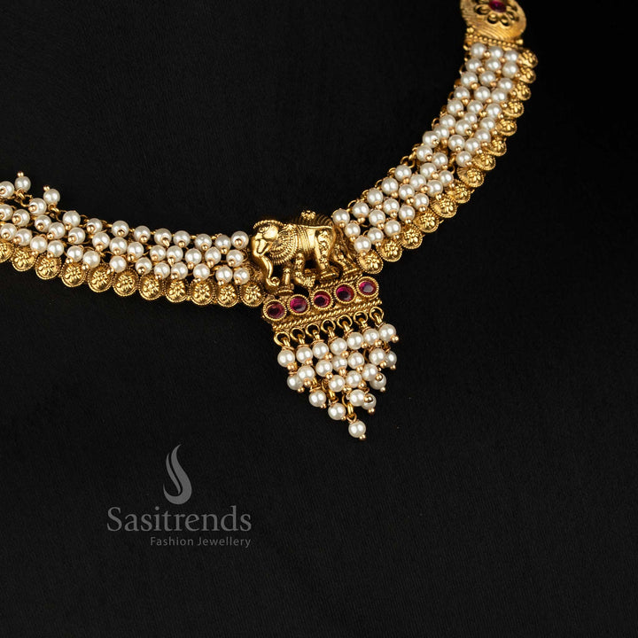 Antique Gold Plated Pearl Necklace Set with Matching Elephant Drop Earrings - Sasitrends