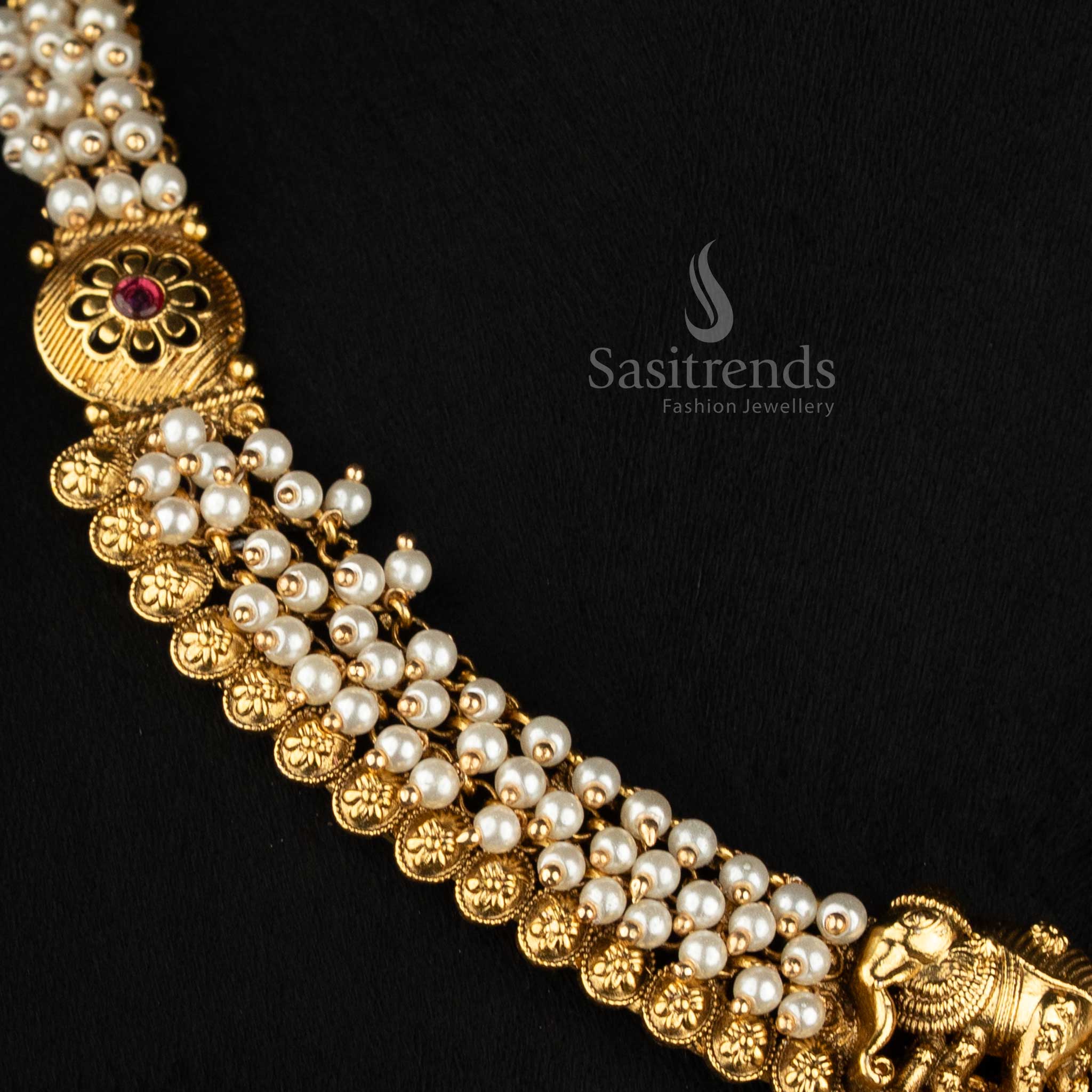 Traditional Antique Gold Plated Woven Pearl Strand Choker with Elephant Pendant - Sasitrends